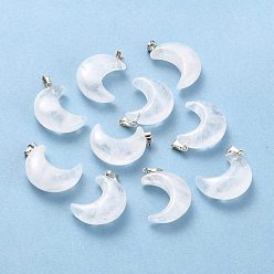 Хрусталь Природного кварца хрустальных подвесок, подвески из горного хрусталя, с петлями из платиновой латуни, луна, 29x18~21x7~10 мм, отверстие : 6x3 мм
