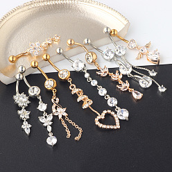 Золотой & Цвет Нержавеющей Стали 10 шт. 10 стили 304 подвесные кольца для живота из нержавеющей стали с прозрачным кубическим цирконием, разнообразные, золотые и нержавеющая сталь цвет, штифты : 10x1.6 мм