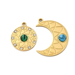 Золотой 2 шт. 2 стили подвески из окрашенной синтетической бирюзы и малахита, обереги луны и звезд, с 304 установками из нержавеющей стали, золотые, плоско-круглые: 17x15x3 mm, Луна: 24x18.5x4 мм, отверстие : 1.6 мм, 1 шт / стиль