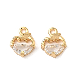 Настоящее золото 18K Латунь с прозрачными подвесками из циркония, Сердце и дельфин, без никеля , реальный 18 k позолоченный, 9.5x7.5x3 мм, отверстие : 1.2 мм