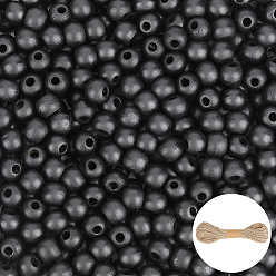 Noir 600 pcs perles en bois naturel teint, avec cordon de jute 10m, ronde, noir, 10x9mm, Trou: 3.5mm