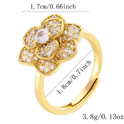 Прозрачный Латунная микропаве кубический цирконий вращающаяся манжета открытые кольца, цветок, Кольцо-спиннер для успокоения беспокойства, медитации, золотые, прозрачные, 18 мм