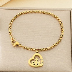 Золотой День матери 304 Браслеты из нержавеющей стали с подвесками-стразами, браслеты-цепочки роло для женщин, сердце с семьей, золотые, 7.09 дюйм (18 см)