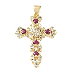 Фуксин Латунные микро проложить кубического циркония подвески, пасхальные подвески в виде креста в форме сердца, реальный 18 k позолоченный, фуксиново-красные, 32x22.5x3.5 мм, отверстие : 4x3 мм