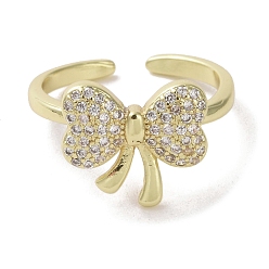 Real 16K Gold Plated Brass Micro Pave Cubic Zirconia Open Cuff Ring, Bowknot, Real 16K Gold Plated, Inner Diameter: 18mm