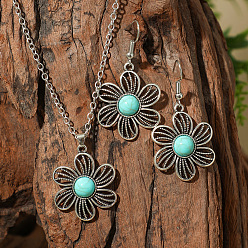 Цветок Комплекты из ожерелий и серег-подвесок из цинкового сплава и синтетической бирюзы в стиле бохо, античное серебро, цветок, 48x26 мм
