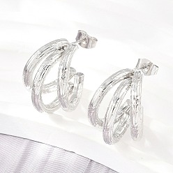 Stainless Steel Color 304 Stainless Steel Stud Earrings for Women, Half Hoop Earrings, with 316 Surgical Stainless Steel Pins, Stainless Steel Color, 21x22x15.5mm