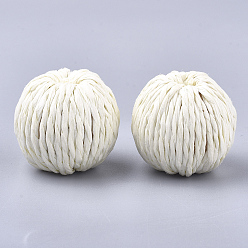 Beige Handmade Paper Woven Beads, with Wood Inside, Imitation Raffia, Round, Beige, 30~32x30~31mm