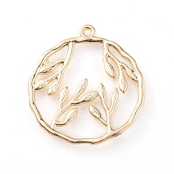 Light Gold Zinc Alloy Pendants, Long-Lasting Plated, Flat Round with Leafy Branches, Light Gold, 27x25x2mm, Hole: 1.2mm