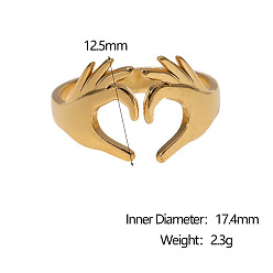 Plaqué 18K Or Véritable 304 bagues ouvertes en acier inoxydable pour femmes, double main cœur, réel 18 k plaqué or, diamètre intérieur: 17.4 mm