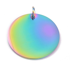 Rainbow Color Ионное покрытие (ip) 304 подвески из нержавеющей стали, зеркальная полировка, штамповка пустой метки, с прыжковых колец, плоско-круглые, Радуга цветов, 25x1 мм, отверстие : 4 мм