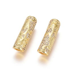 Golden Brass Micro Pave Clear Cubic Zirconia Beads, Long-Lasting Plated, Tube Beads, Golden, 26x7mm, Hole: 4.5mm