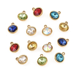 Плоский Круглый Стеклянные прелести, с 201 установками из нержавеющей стали, граненые, разноцветные, ионное покрытие (ip), реальный 18 k позолоченный, плоско-круглые, 8x6.5x4 мм, отверстие : 1.2 мм