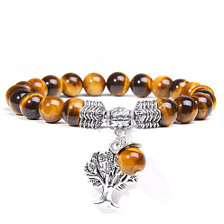 Ojo de Tigre Pulsera elástica con cuentas de ojo de tigre natural y dijes de aleación del árbol de la vida, 6-3/4~8-5/8 pulgada (17~22 cm)