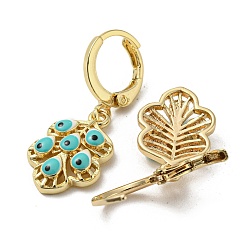 Turquoise Real 18K Gold Plated Brass Dangle Leverback Earrings, with Enamel, Leaf with Evil Eye, Turquoise, 31x11.5mm