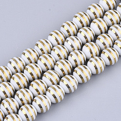 Gold Galvanisieren Glasperlen, rund mit streifen, Gold, 10x9.5 mm, Bohrung: 1.2 mm, ca. 30 Stk. / Strang, 11.2 Zoll