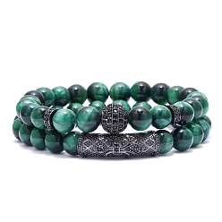 Зеленый 2 шт. 2 стильный набор эластичных браслетов из натурального тигрового глаза с бисером, зелёные, внутренний диаметр: 2-3/8 дюйм (6 см), 1 шт / стиль