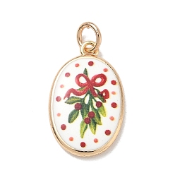 Green Printed Brass Pendants, Oval with Bowknot & Holly Leaves Charms, Golden, Green, 22.5~23x14.5x3~4mm, Hole: 4mm