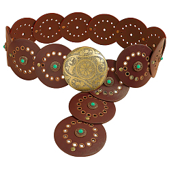 Кокосово-Коричневый Мужские ремни-монеты из винтажного сплава, синтетической бирюзы и искусственной кожи с дисковыми монетами, античная бронза, кокосового коричневый, 1130x90x2.5~8.5 мм