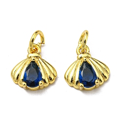 Dark Blue Golden Brass Pendants, with Glass and Jump Ring, Shell Shape Charms, Dark Blue, 11x10x3.5mm, Hole: 3mm