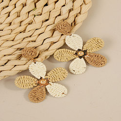 Цвет Древесины Серьги-гвоздики из сплава рафии с цветочным узором в богемном стиле, золотые, деревесиные, 70x50 мм