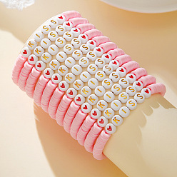 Pink 12 Набор эластичных браслетов из полимерной глины и акриловых бусин ко Дню святого Валентина для женщин, плоская круглая фигурка со словом «поцелуй» и сердечком., розовые, 6.69 дюйм (17 см)