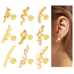Золотой 9 Набор сережек для хряща уха из нержавеющей стали с прозрачными фианитами, с белой смоляной жемчужиной, разнообразные, золотые, 14.5~21.5x2.5~7.5 мм