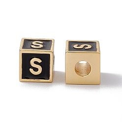 Letter S Стойки покрытие латунь эмаль бисер, без кадмия, без никеля и без свинца, реальный 18 k позолоченный, куб с письмом, чёрные, letter.s, 6x6x6 мм, отверстие : 2.5 мм