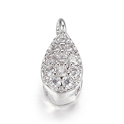 Platinum Brass Micro Pave Cubic Zirconia Charms, teardrop, Platinum, 10x5x4mm, Hole: 1mm, 1x6mm