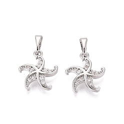 Платина Латунные микропаве прозрачные подвески с фианитом, прелести морская звезда, платина, 16x14x3 мм, отверстие : 6x3 мм