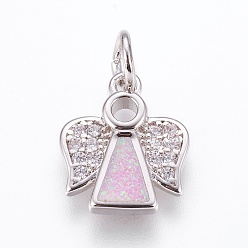 Бледно-Розовый Латуни циркония кубической подвески, с синтетическим опалом, ангел, платина, розовый жемчуг, 14.5x12x2.5 мм, отверстие : 4 мм