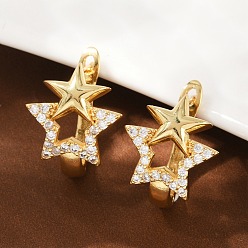 Звезда Серьги-клипсы из латунного микро-паве с прозрачными фианитами, стойки покрытие, долговечный, без свинца и без кадмия, реальный 18 k позолоченный, звезда, 20.5~22x16 мм