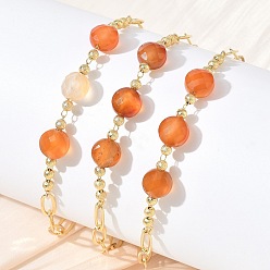 Carnelian Natural Carnelian Faceted Flat Round Beaded Brass Paperclip Chain Bracelets, Long-Lasting Plated, Golden, 8.50 inch(21.6cm)