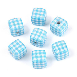 Синий Печатные непрозрачные акриловые бусины, куб с клетчатым узором, синие, 14x14~14.5x14~14.5 мм, отверстие : 3.8 мм