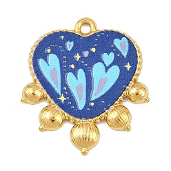 Морской Синий Печатные 304 подвески из нержавеющей стали, сердце, вакуумное покрытие pvd, реальный 18 k позолоченный, Marine Blue, 26x23x2 мм, отверстие : 1.6 мм