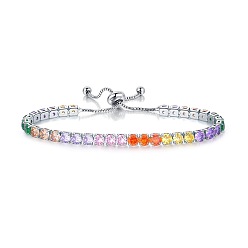 Разноцветный Латунные браслеты-слайдеры с микропаве из кубического циркония для женщин, квадратный, красочный, внутренний диаметр: 6-3/4 дюйм (17 см)