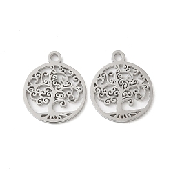 Нержавеющая Сталь Цвет 304 плоская круглая нержавеющая сталь с вырезанными лазером подвесками в виде дерева жизни, не тускнеет, цвет нержавеющей стали, 14.5x12x1 мм, отверстие : 1.4 мм