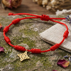 Golden Adjustable Handmade Red String Braided Bracelets with Stainless Steel Chinese Knot Charms, Golden, 11.02 inch(28cm)