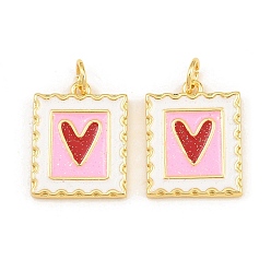 Real 18K Gold Plated Brass Enamel Pendants, Rectangle with Heart Charms, Rack Plating, with Glitter Powder, Long-Lasting Plated, Lead Free & Cadmium Free, Real 18K Gold Plated, 17x13x2mm, Hole: 3.5mm