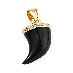 Черный Кулоны с эмалью из латуни с прозрачным кубическим цирконием, без кадмия и без свинца, реальный 18 k позолоченный, ножны / форма клыка, чёрные, 16x13x5 мм, отверстие : 3.5x5.5 мм
