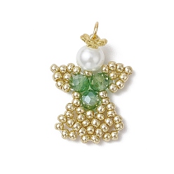 Зеленый Подвески-ангелы из стеклянных бисеров, с круглой стеклянной жемчужиной и 304 соединительными кольцами из нержавеющей стали, зелёные, 29x18.5x6 мм, отверстие : 3 мм