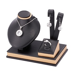 Black Wooden Clovered with PU Leather Jewelry Displays, with Sponge and Paper Card, Black, 8.5x14.7x11.8cm