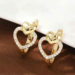 Сердце Серьги-клипсы из латунного микро-паве с прозрачными фианитами, стойки покрытие, долговечный, без свинца и без кадмия, реальный 18 k позолоченный, сердце, 19~22x14 мм