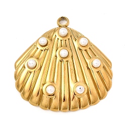 Настоящее золото 18K 304 подвески из нержавеющей стали, с ABS имитации жемчуга, шарм в форме ракушки, ионное покрытие (ip), реальный 18 k позолоченный, 29.5x29.5x5 мм, отверстие : 2.5 мм