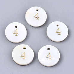 Number Подвески из натуральных пресноводных ракушек, плоский круглый с золотым блокирующим номером, кол. 4, 11x2 мм, отверстие : 1.5 мм