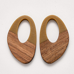 Dark Goldenrod Resin & Walnut Wood Pendants, Waxed, Dark Goldenrod, 39x23x3~4mm, Hole: 20x10mm