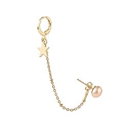 PeachPuff Natural Pearl Brass Crawler Ear Studs Chains, with Hoop Earring and Star Charm, PeachPuff, 85x2mm