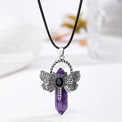 Аметист Богемный кулон в виде стрекозы из натурального аметиста с заостренным концом, изготовленный из нержавеющей стали, и ожерелье из черной искусственной кожи., цвет нержавеющей стали, 17.32 дюйм (44 см)