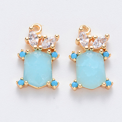Light Cyan Brass Cubic Zirconia & Glass Charms, Nickel Free, Tortoise, Real 18K Gold Plated, Light Cyan, 14.5x9x4mm, Hole: 1mm