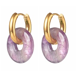 Аметист Серьги-кольца с натуральным аметистом ручной работы, с 304 обручем из нержавеющей стали, овальные, 27 мм, штифты : 1 мм